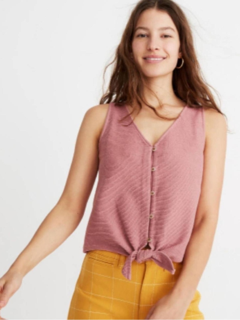 Madewell Texture & Thread Ribbed Dusty Rose Button-Front Tie Tank